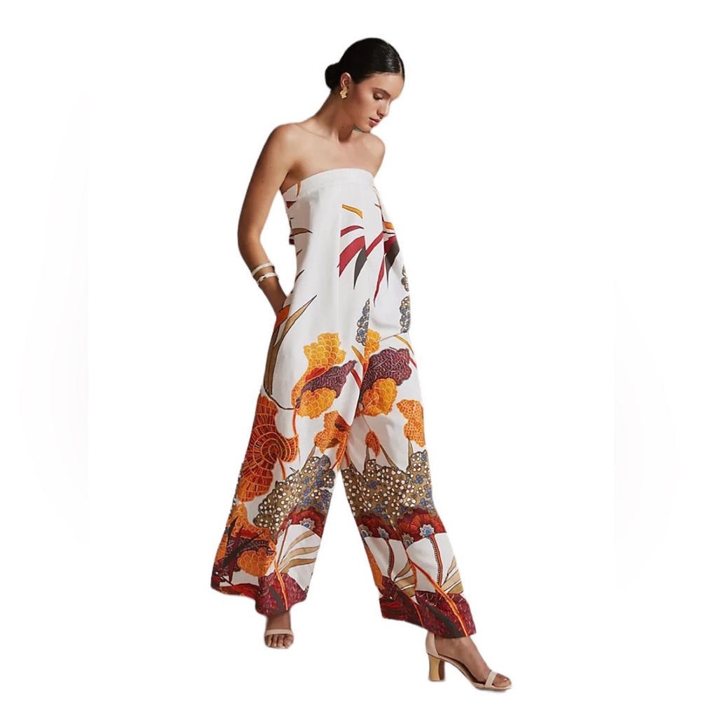 Anthropologie Strapless Floral Jumpsuit - White, Red, Orange NWT